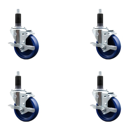 Service Caster 4'' SS Solid Poly Swivel 1-1/8'' Expanding Stem Caster Set with Brake, 4PK SCC-SSEX20S414-SPUS-TLB-118-4
